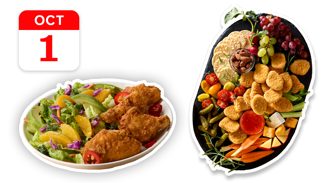 Calendar icon for October 1st with a salad and a platter of chicken nuggets, fruits, and vegetables