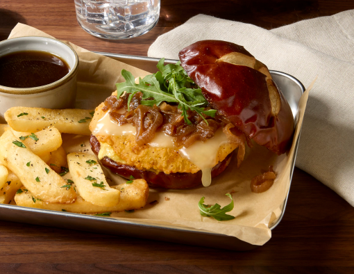 French Onion Crispy Chicken Melt with a side of fries