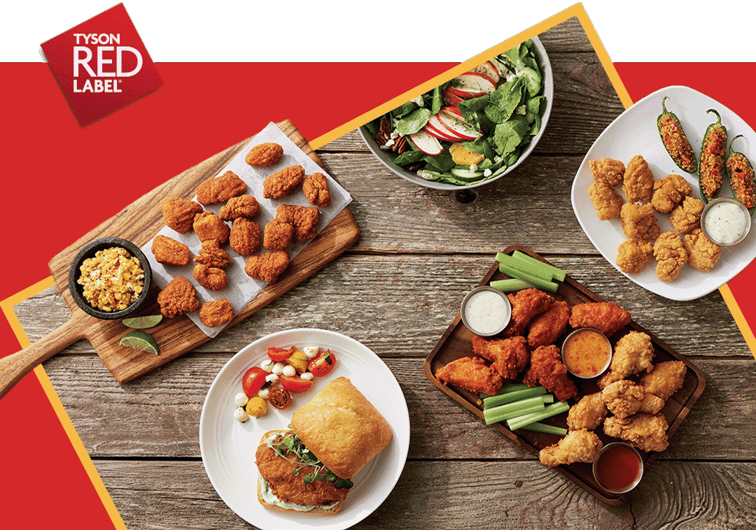 Various menu items featuring Tyson Red Label® products along with Tyson Red Label® logo