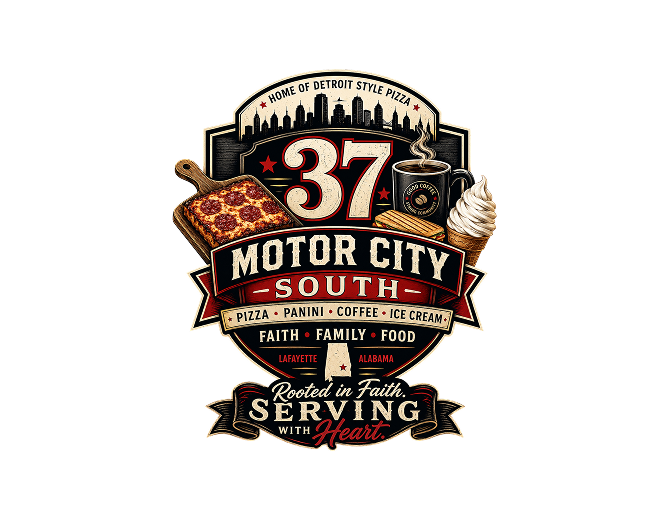 Logo for Bucket Brigade Pizza Company, featuring a fire truck with a pizza on its hood