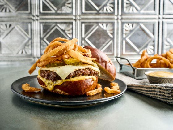 Onion Crunch Burger on a plate.