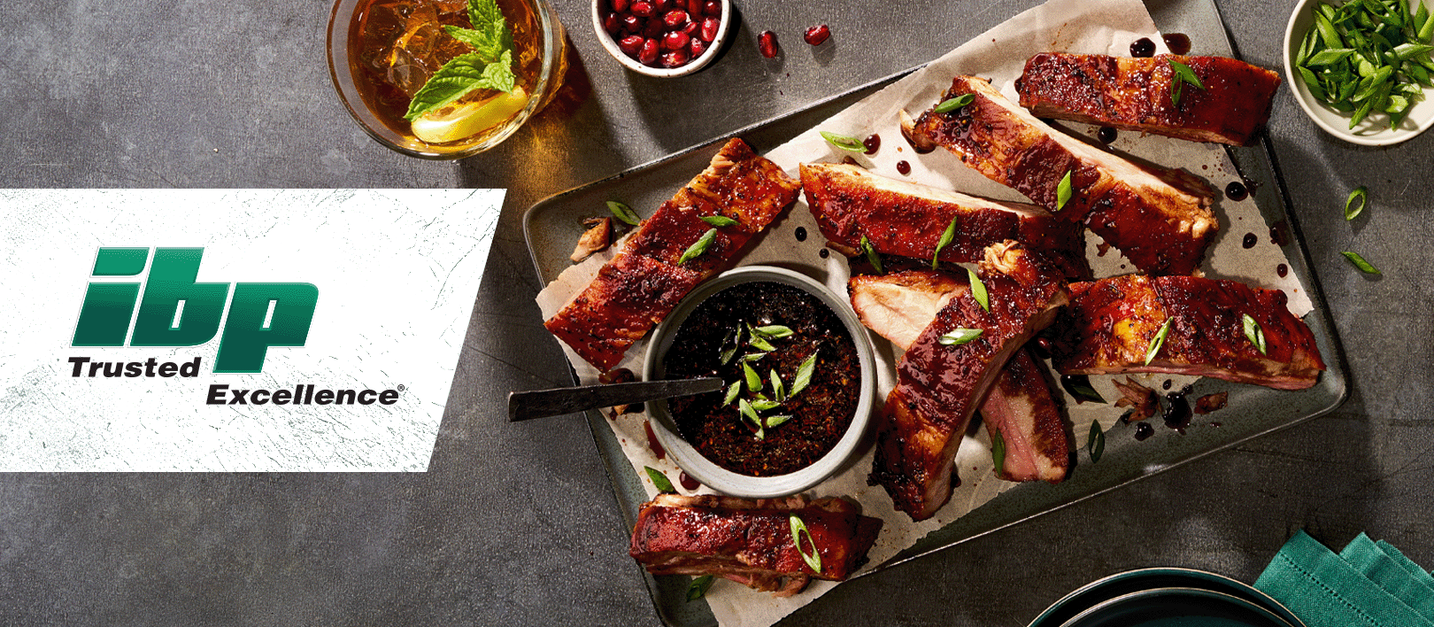 ibp Trusted Excellence® brand logo with images of quality menu items featuring fresh pork from ibp Trusted Excellence® brand