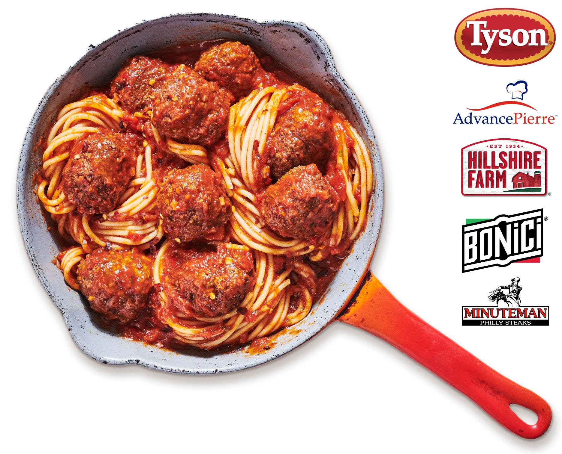 Orange pan with spaghetti and meatballs and several Tyson logos on the right