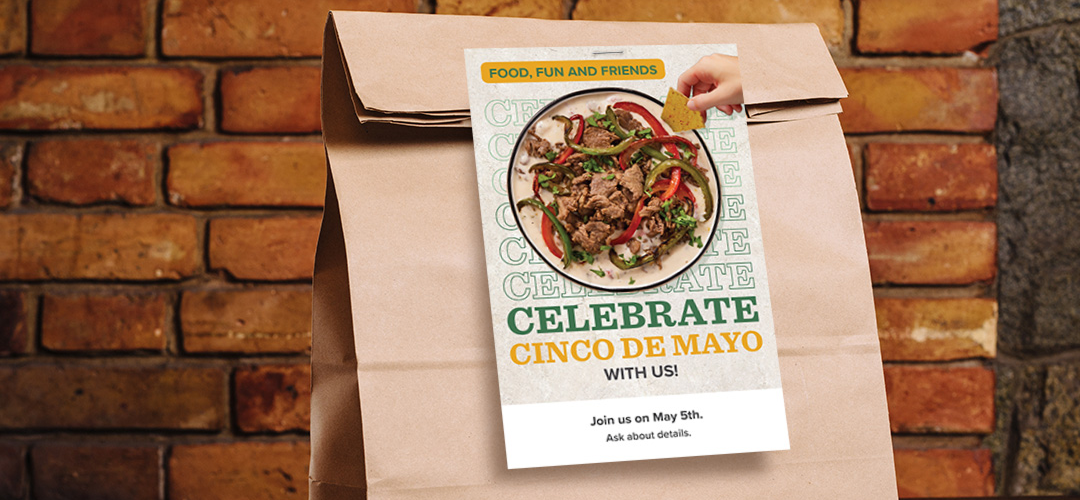 Cinco de Mayo promotional flyer stapled to a brown to-go bag