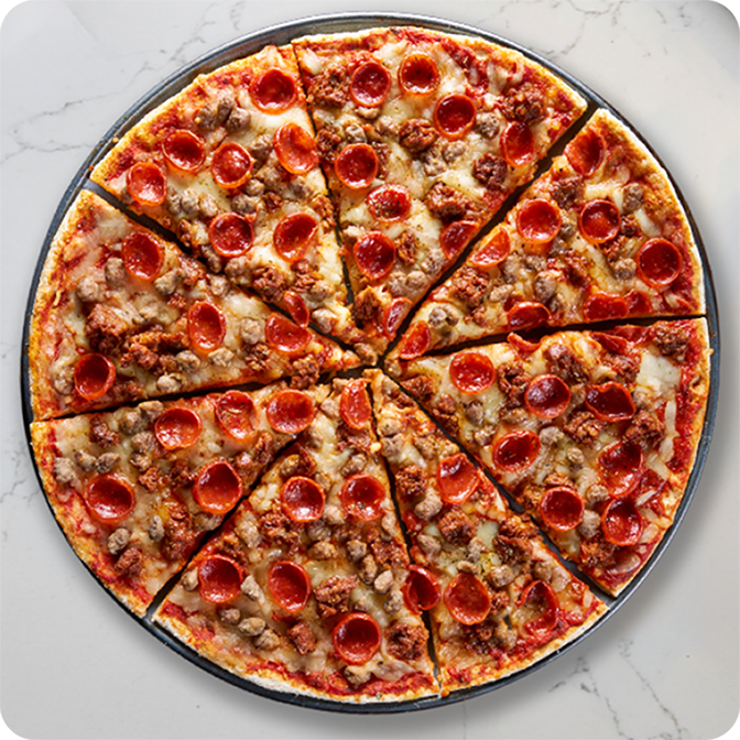 fully loaded pizza topped with sausage, pepperoni and cheese 