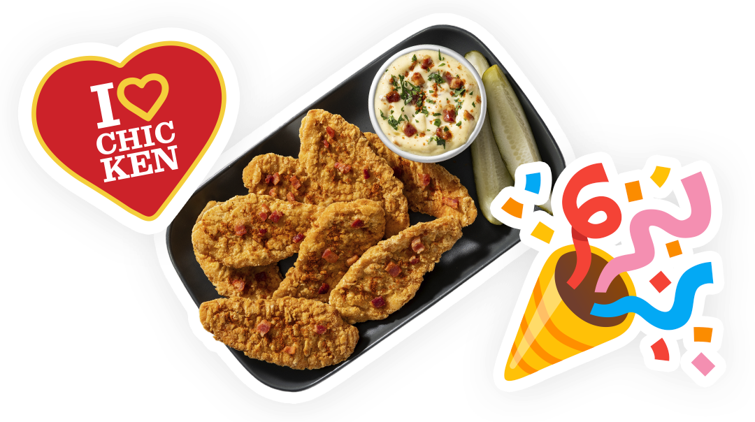 “I Love Chicken” sticker, chicken tenders menu item and celebratory emoji sticker