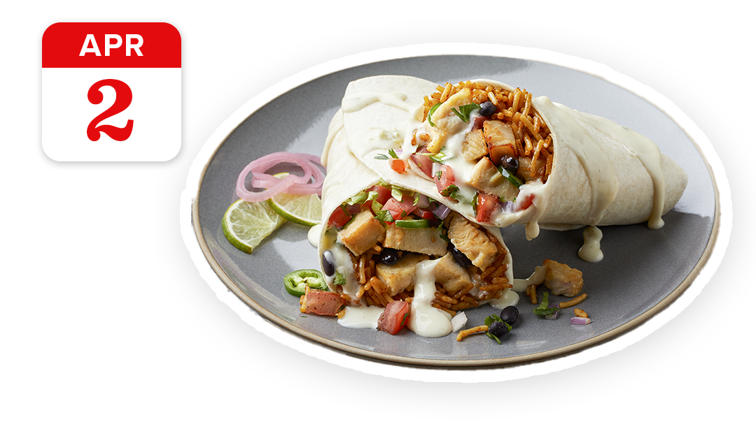 Two stacked burritos with chicken, Spanish rice, black beans, pico de gallo and more.