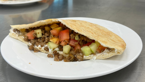 Image of K-12 Greek Beef crumble pita pocket on a plate.