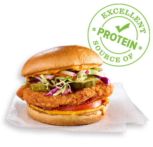 Spicy Hot Chicken Sandwich with Rainbow Harissa Slaw with ‘Excellent Source of Protein’ stamp in green
