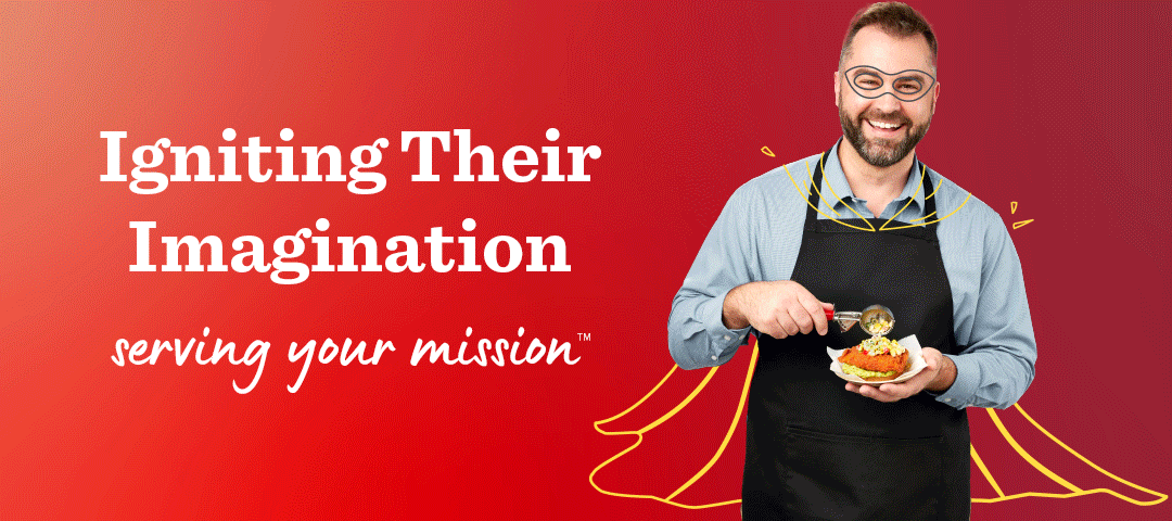 Animated rotating images of foodservice operator, various marketing materials and meals with packaging 