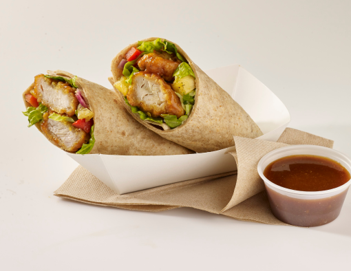 Breaded boneless wings, romaine lettuce, pineapple salsa in a whole grain wrap halved and served with ramekin of sauce 