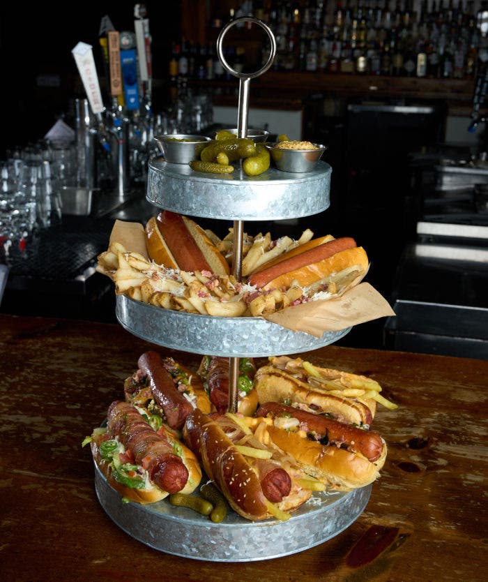 Ultimate Hot Dog tower recipe with three different types of hot dogs