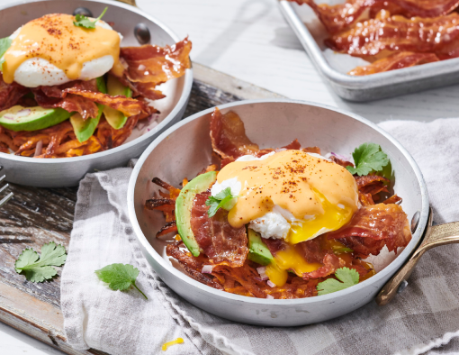 Smoky-Sweet Potato Eggs Benedict featuring Jimmy Dean® Fully Cooked Hickory Smoked Bacon Slices