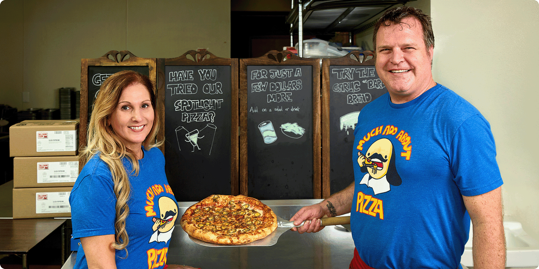Kira and Mark Zabrowski at their pizzeria, Much Ado About Pizza.