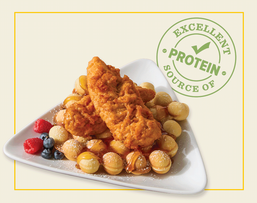 Animation of a plated bubble waffle with hot honey chicken tenders, plated maple bacon chopped salad with grilled chicken breast fillet, and a fork with Greek salad with breaded chicken bites