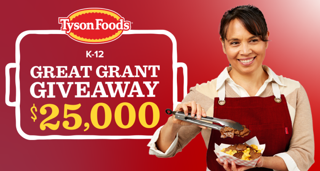 K‑12 Great Grant Giveaway graphic showing $25,000 prize text on a red background and a food server holding tongs and a tray