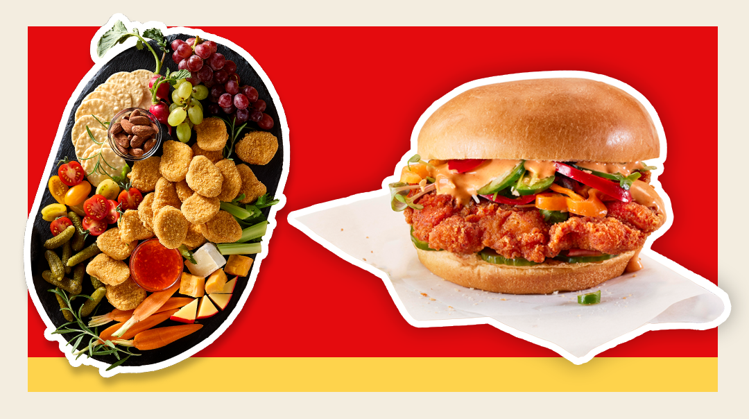 serving tray featuring chicken nuggets and a chicken sandwich