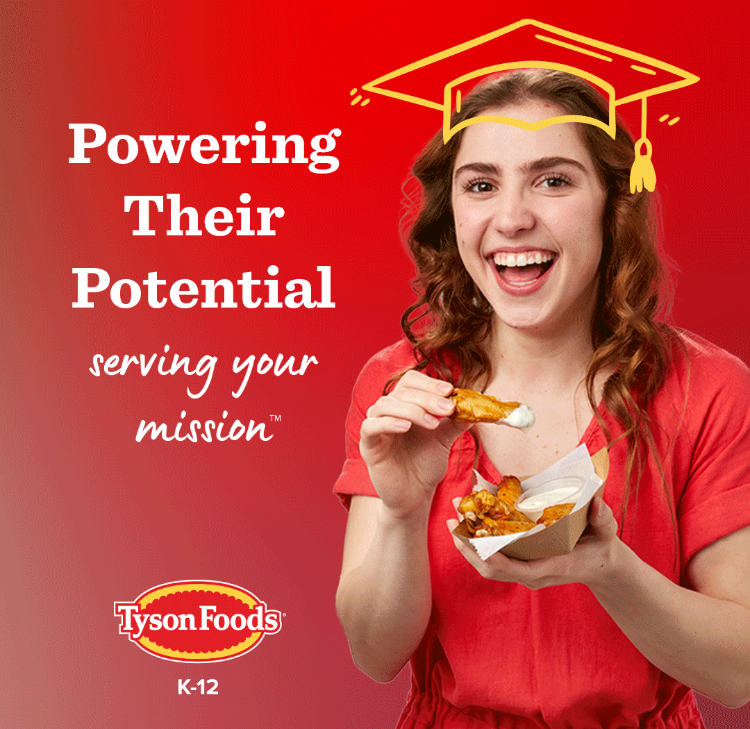 Focus K-12 Magazine with pizza sticks, nuggets, beef rice bowl and flat bread burger