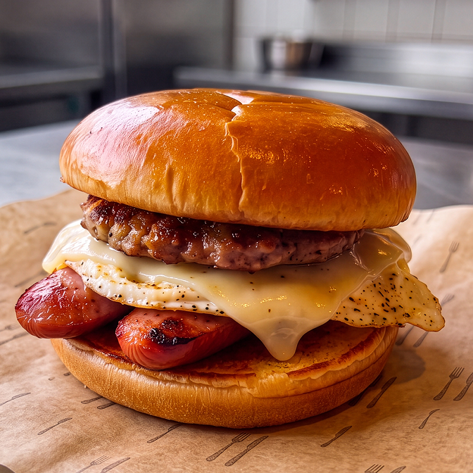 Meat Lovers Brunch Sandwich recipe with pork sausage, smoked sausage, fried egg, Swiss cheese and chipotle maple glaze