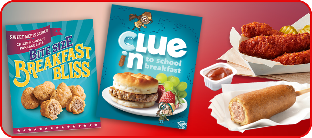 brochures with corn dogs and breakfast sausage sandwiches on them