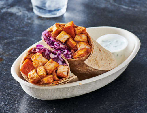 Diced chicken, red cabbage, roasted sweet potatoes, yogurt sauce and masala sauce wrapped in a tortilla and halved 