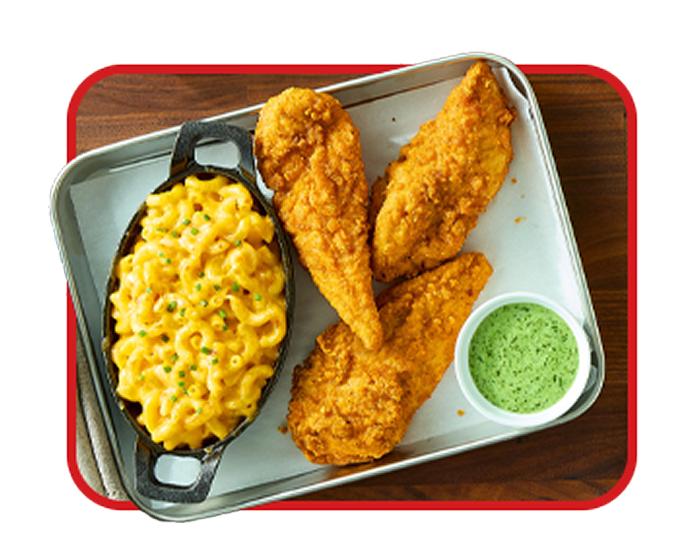 chicken tenderloins with a side of macaroni and cheese
