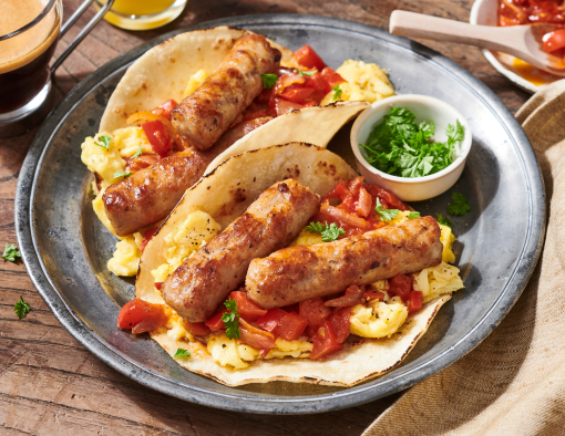 Breakfast tacos with scrambled eggs, sausage, tomatoes, and herbs on a rustic plate