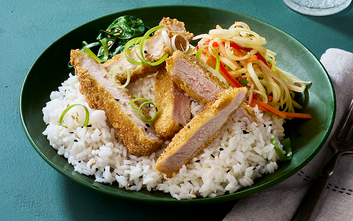 Boneless Strap off pork loin of a bed of rice