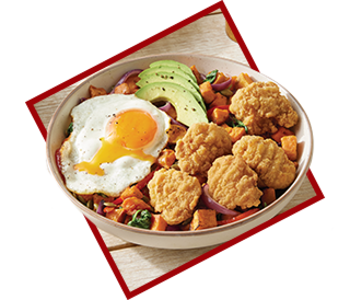 breakfast bowl featuring boneless chicken chunks