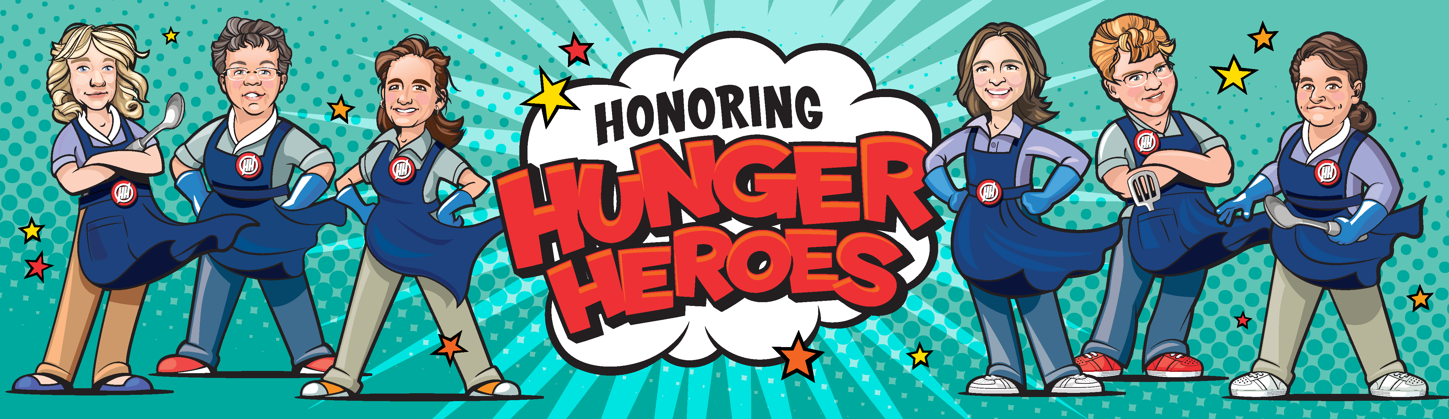 Comic book-style banner with six "Hunger Heroes" in aprons and utensils, centered text "Honoring Hunger Heroes.