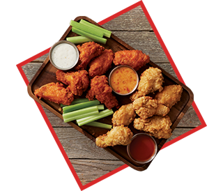 bone-in chicken wings assortment with dipping sauces