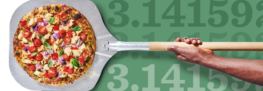 Top down view of a pizza on a pizza peel superimposed over the numerals 3.14159
