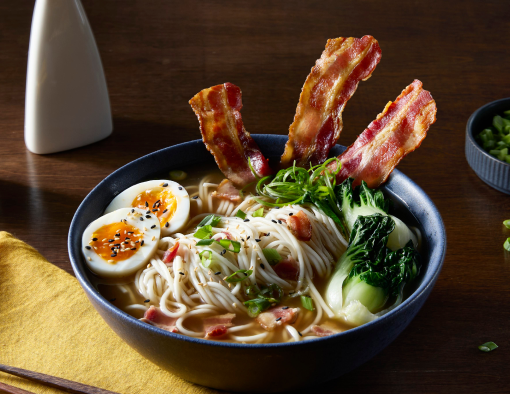 Bacon ramen blends rich umami broth, chewy ramen noodles, and crispy bacon