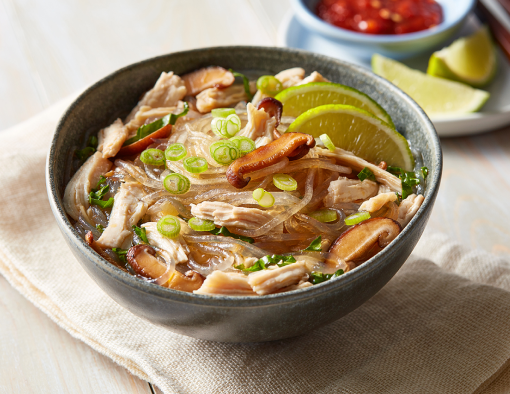  thread noodles, kale, shiitake mushrooms, and a ginger-lemongrass broth