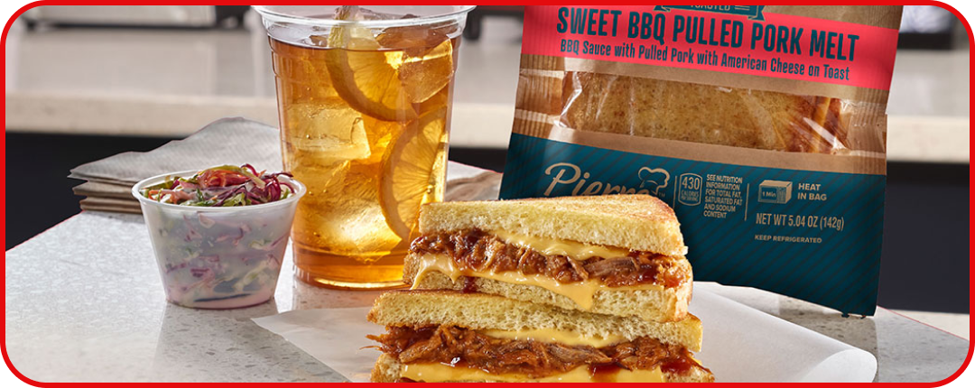 Pierre® BBQ Pilled Pork Melt sandwich with iced tea and coleslaw