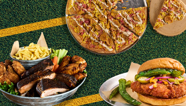 multiple game day recipes of pizza, ribs, wings, and sandwiches 