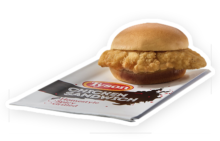A homestyle chicken sandwich situated atop a Tyson branded bag