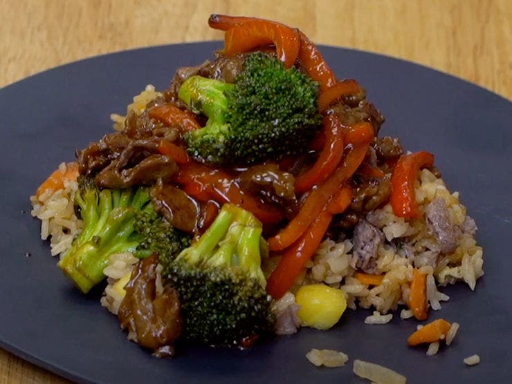 Plum Teriyaki Beef with Fried Rice Dish 