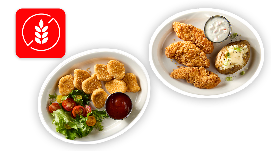 Gluten-free chicken nuggets and tenders with salad and baked potato