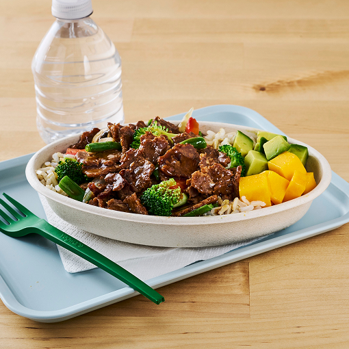 Beef rice and broccoli bowl