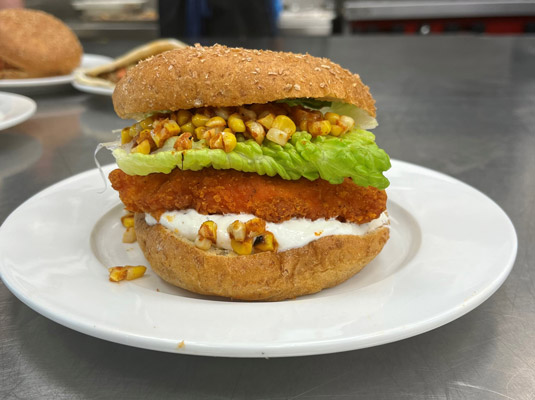 Image of spicy chicken pakora sandwich.