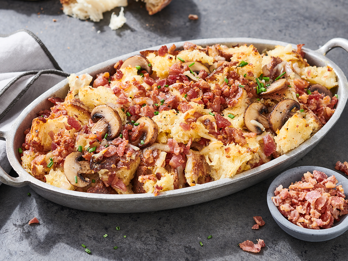 How to make the Bacon Mushroom Swiss Breakfast Strata featuring Jimmy Dean® Fully Cooked Hardwood Smoked Bacon Pieces.