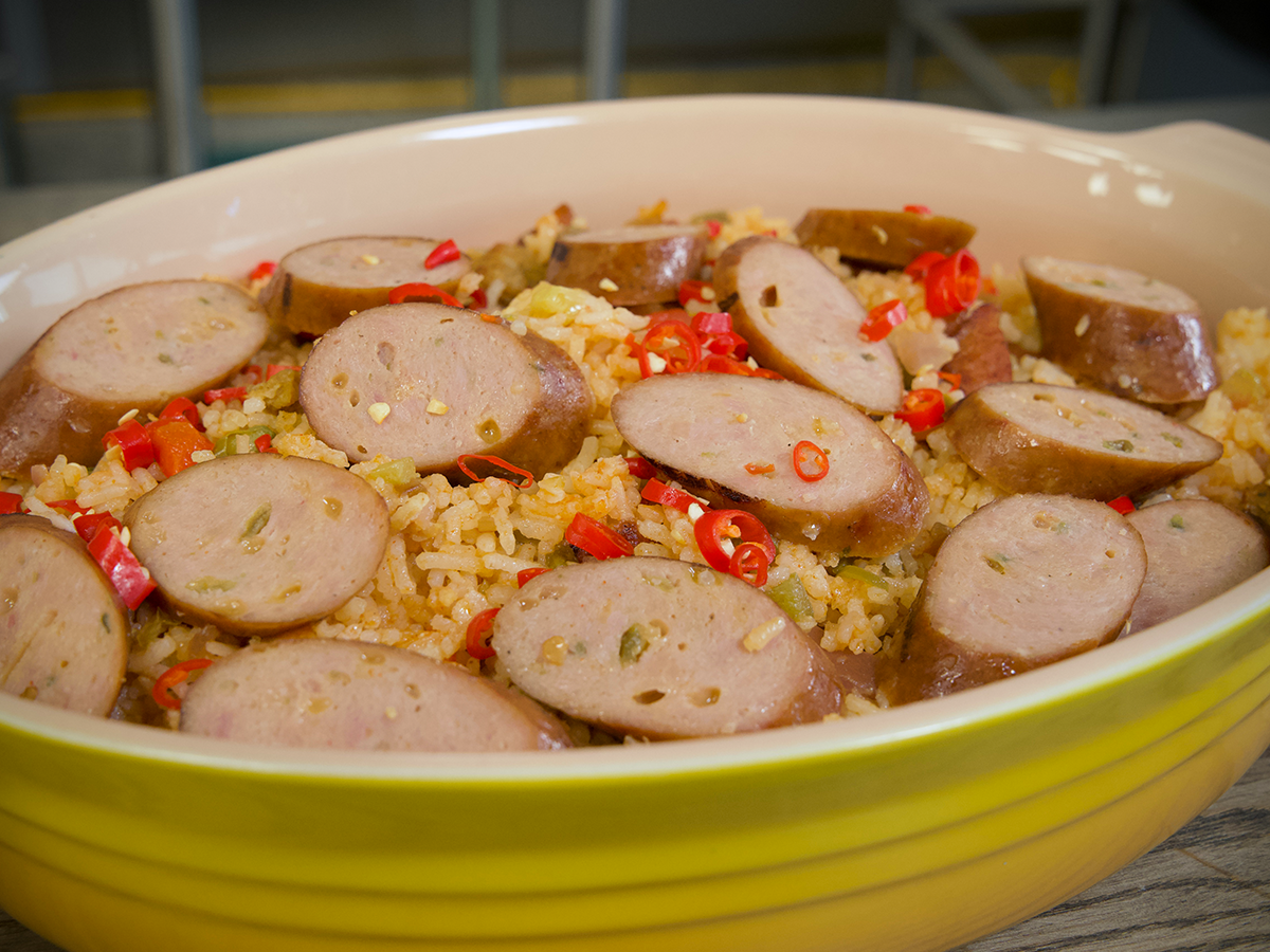 How to make a flavorful, authentic Creole Jambalaya featuring Hillshire Farm® Jalapeno and Cheddar Skinless Smoked Sausage, Black Oak™ Endless Rope Smoked Sausage and Tyson® NAE, 100% All Natural*, Low Sodium Pulled Chicken