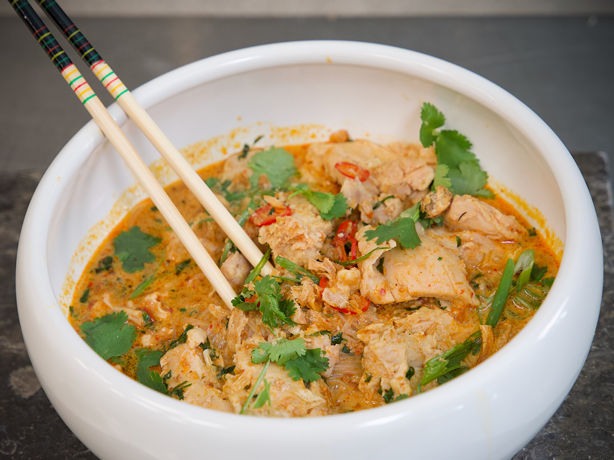 How to make a Laksa Soup featuring Tyson® NAE, 100% All Natural*, Low Sodium Pulled Chicken.