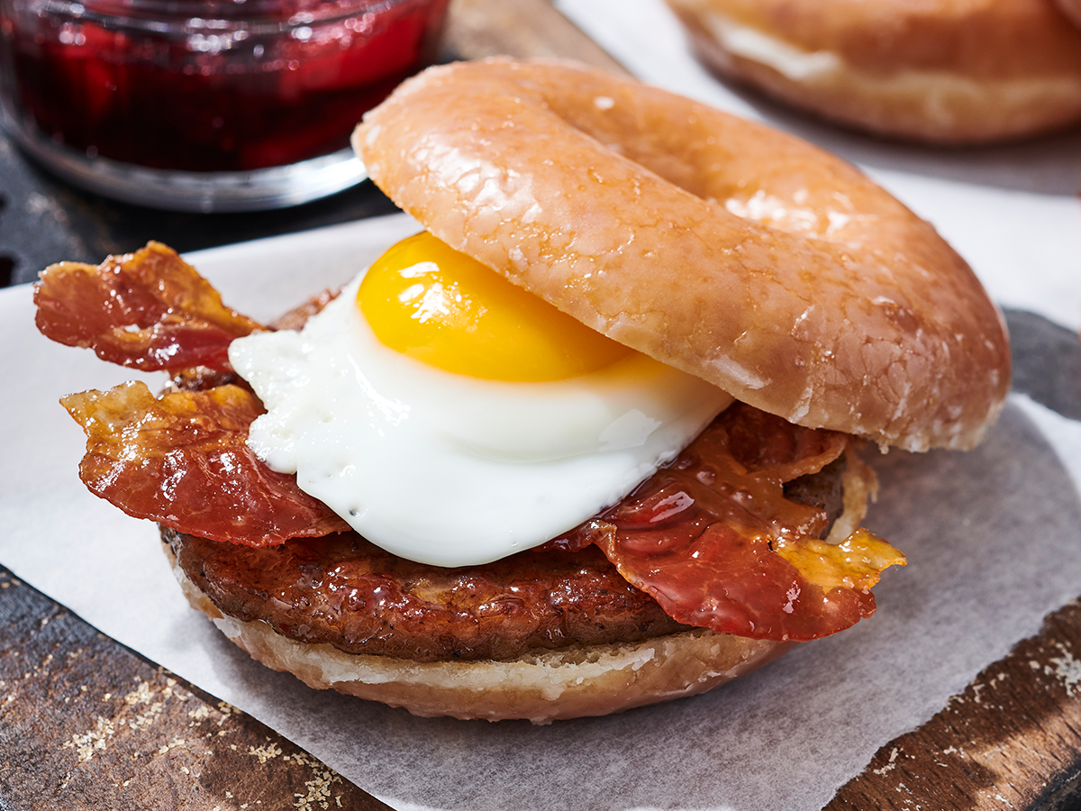 How to make the Donut Breakfast Sandwich featuring Jimmy Dean® Fully Cooked Pork Sausage Patties and Jimmy Dean Fully Cooked Bacon Strips.