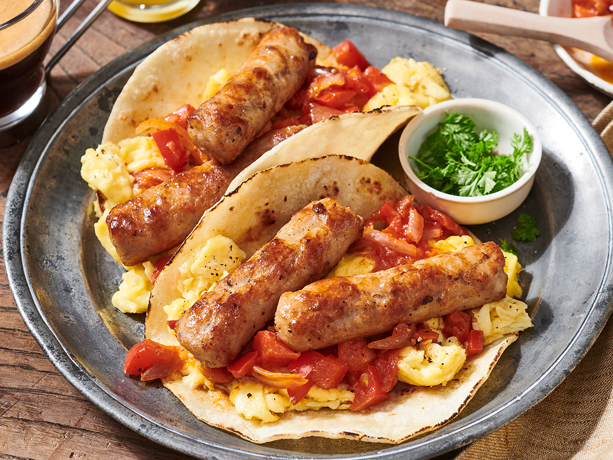 How to make a unique Shakshuka Breakfast Taco featuring Mexican Original® 6-inch Flour Tortillas and Jimmy Dean® Fully Cooked Pork Sausage Links.