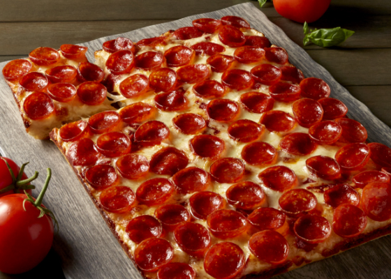 Image of new Hillshire Farm® Cupping Pepperoni topping our Detroit-style Cupping Pepperoni Pizza.